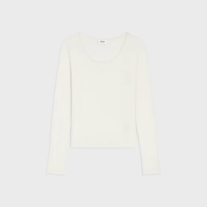 Long-Sleeved Top in Ribbed Cotton and Silk Long-Sleeved Top in Ribbed Cotton and Silk