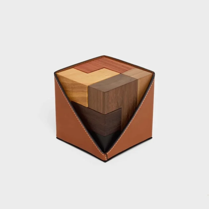 Puzzle Cube in Wood and Natural Calfskin Case