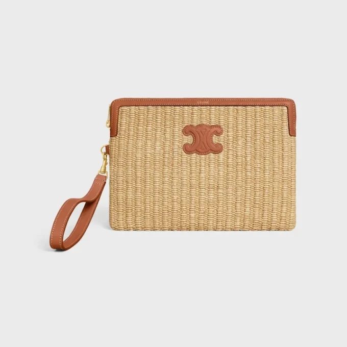 Small Pouch with Strap in Raffia Effect Textile and Calfskin Small Pouch with Strap in Raffia Effect Textile and Calfskin