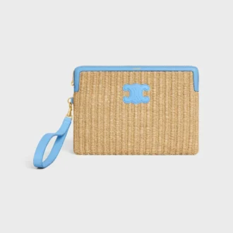 Small Pouch with Strap in Raffia Effect Textile and Calfskin