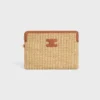 Small Pouch with Strap in Raffia Effect Textile and Calfskin Small Pouch with Strap in Raffia Effect Textile and Calfskin