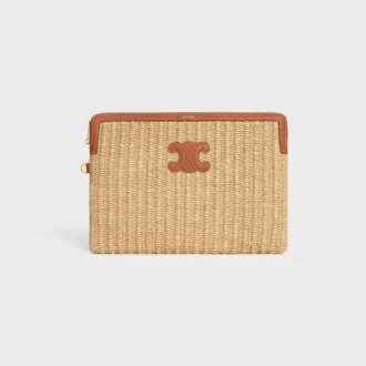 Small Pouch with Strap in Raffia Effect Textile and Calfskin