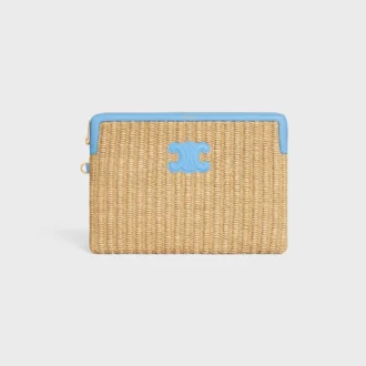 Small Pouch with Strap in Raffia Effect Textile and Calfskin