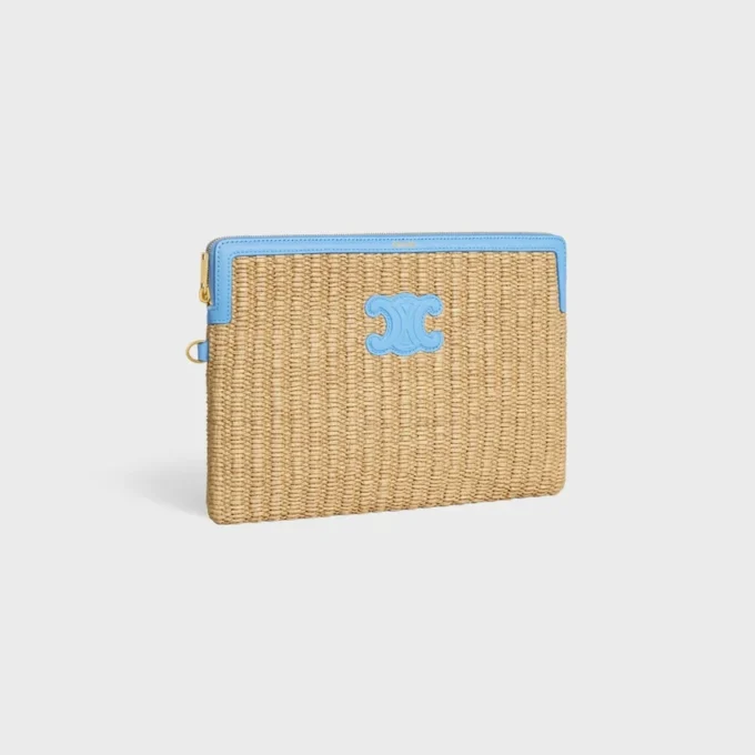 Small Pouch with Strap in Raffia Effect Textile and Calfskin Small Pouch with Strap in Raffia Effect Textile and Calfskin