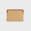 Small Pouch with Strap in Raffia Effect Textile and Calfskin Small Pouch with Strap in Raffia Effect Textile and Calfskin