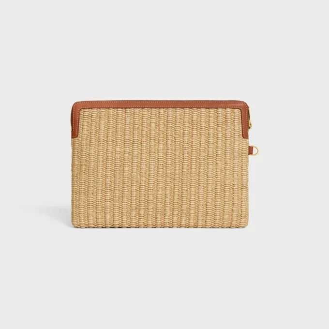 Small Pouch with Strap in Raffia Effect Textile and Calfskin Small Pouch with Strap in Raffia Effect Textile and Calfskin