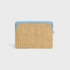 Small Pouch with Strap in Raffia Effect Textile and Calfskin Small Pouch with Strap in Raffia Effect Textile and Calfskin