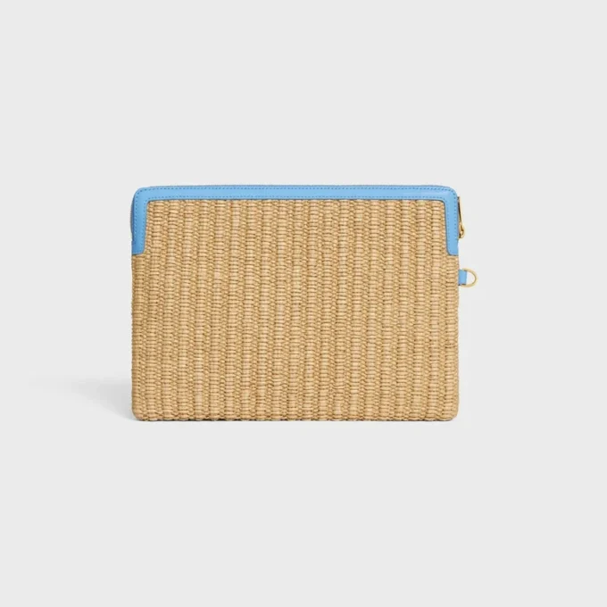 Small Pouch with Strap in Raffia Effect Textile and Calfskin Small Pouch with Strap in Raffia Effect Textile and Calfskin