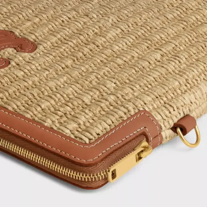 Small Pouch with Strap in Raffia Effect Textile and Calfskin Small Pouch with Strap in Raffia Effect Textile and Calfskin