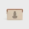 Small Pouch with Strap in Textile with Anchor Embroidery and Calfskin Small Pouch with Strap in Textile with Anchor Embroidery and Calfskin