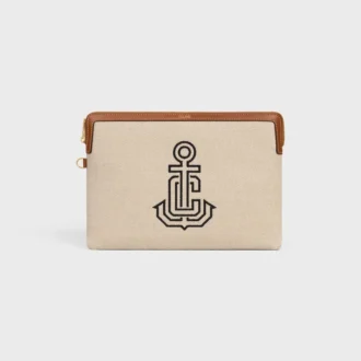 Small Pouch with Strap in Textile with Anchor Embroidery and Calfskin