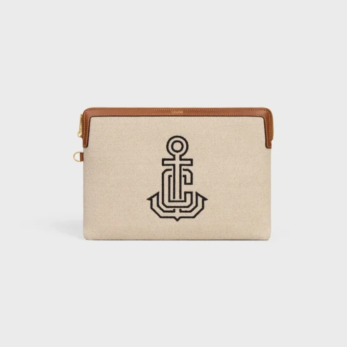 Small Pouch with Strap in Textile with Anchor Embroidery and Calfskin Small Pouch with Strap in Textile with Anchor Embroidery and Calfskin