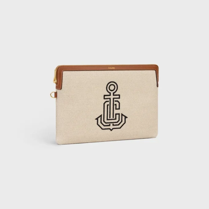 Small Pouch with Strap in Textile with Anchor Embroidery and Calfskin Small Pouch with Strap in Textile with Anchor Embroidery and Calfskin