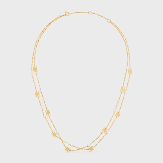 Triomphe Pearl Double Necklace in Brass with Gold Finish and Resin Pearls