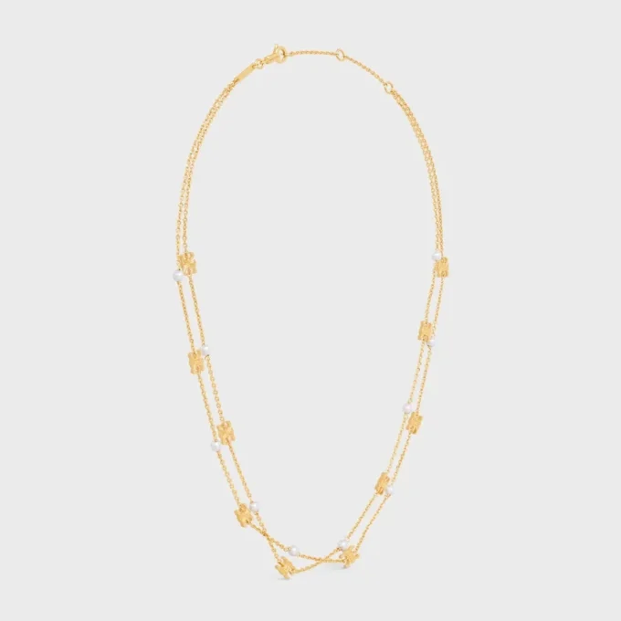 Triomphe Pearl Double Necklace in Brass with Gold Finish and Resin Pearls