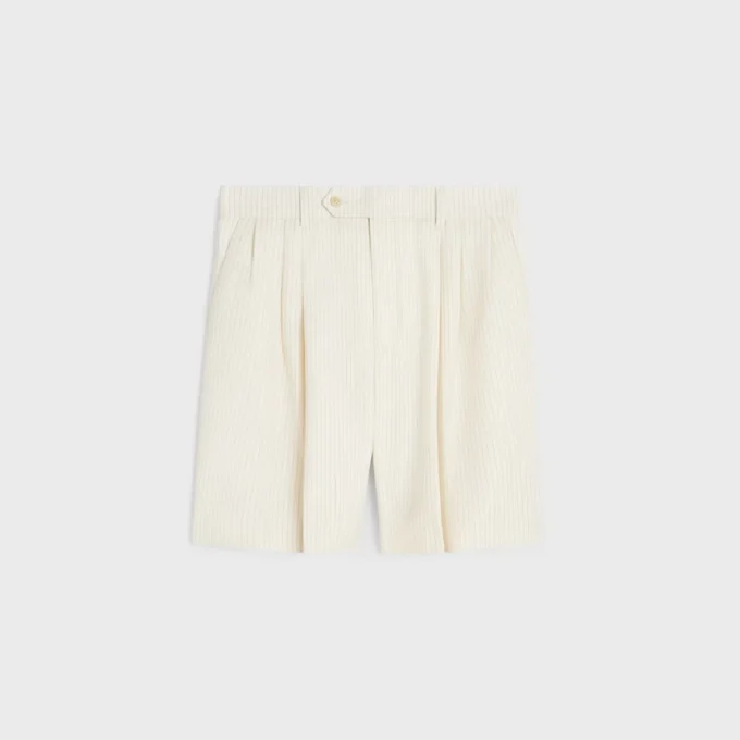 Triple-Pleated Masculin Shorts in Striped Wool